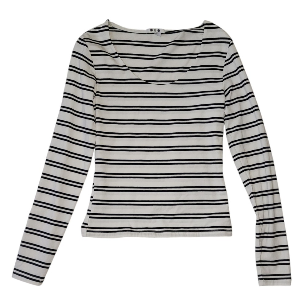 Three Dots Top Womens Size Small Black White Striped Scoop‎ Neck Long Sleeve Tee